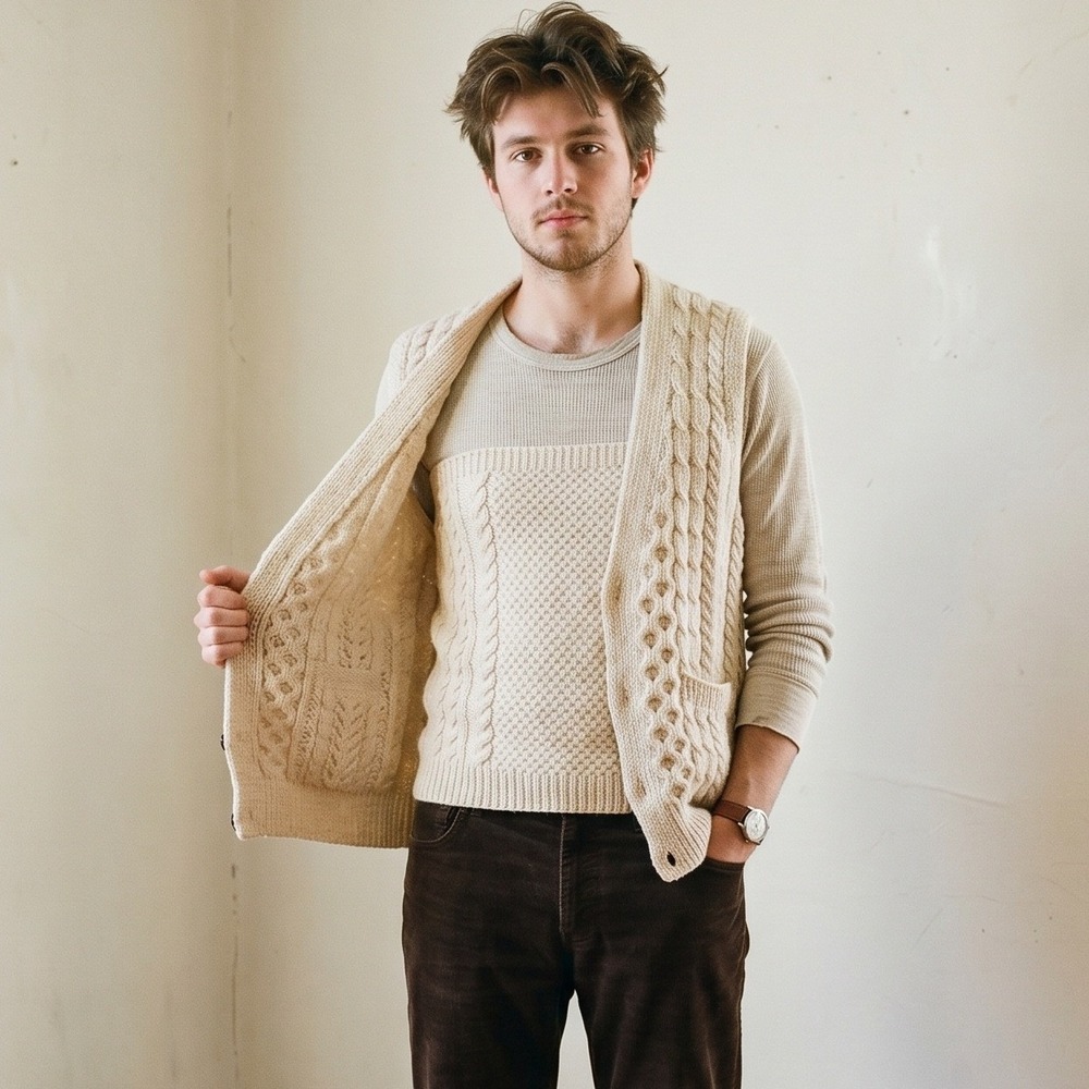 Carraig Donn Vest Men Medium Cream Cable Knit Wool Aran Cardigan Made in Ireland